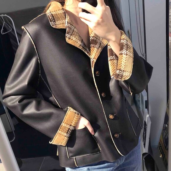 Reversible double sided faux leather jacket / Plaid checkered flannel jacket - Picture 2 of 9